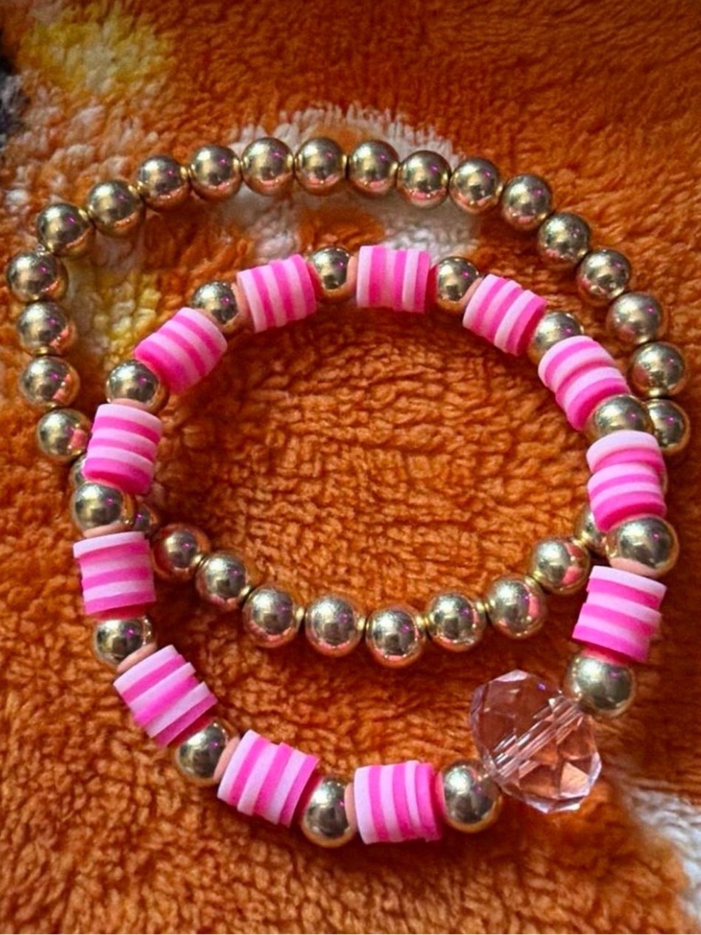 Pink Beaded Stretch Bracelet Set with Faceted Charm